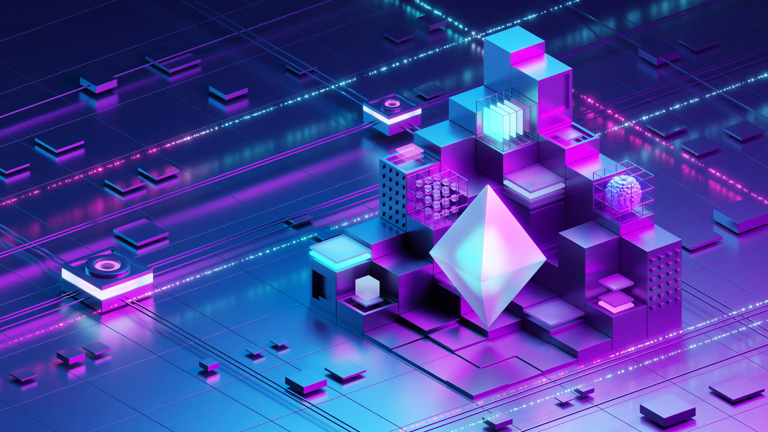 Eine stilisierte Darstellung einer Blockchain-Struktur mit neonfarbenen, kubischen Elementen und einem großen, leuchtenden Polygon im Zentrum.