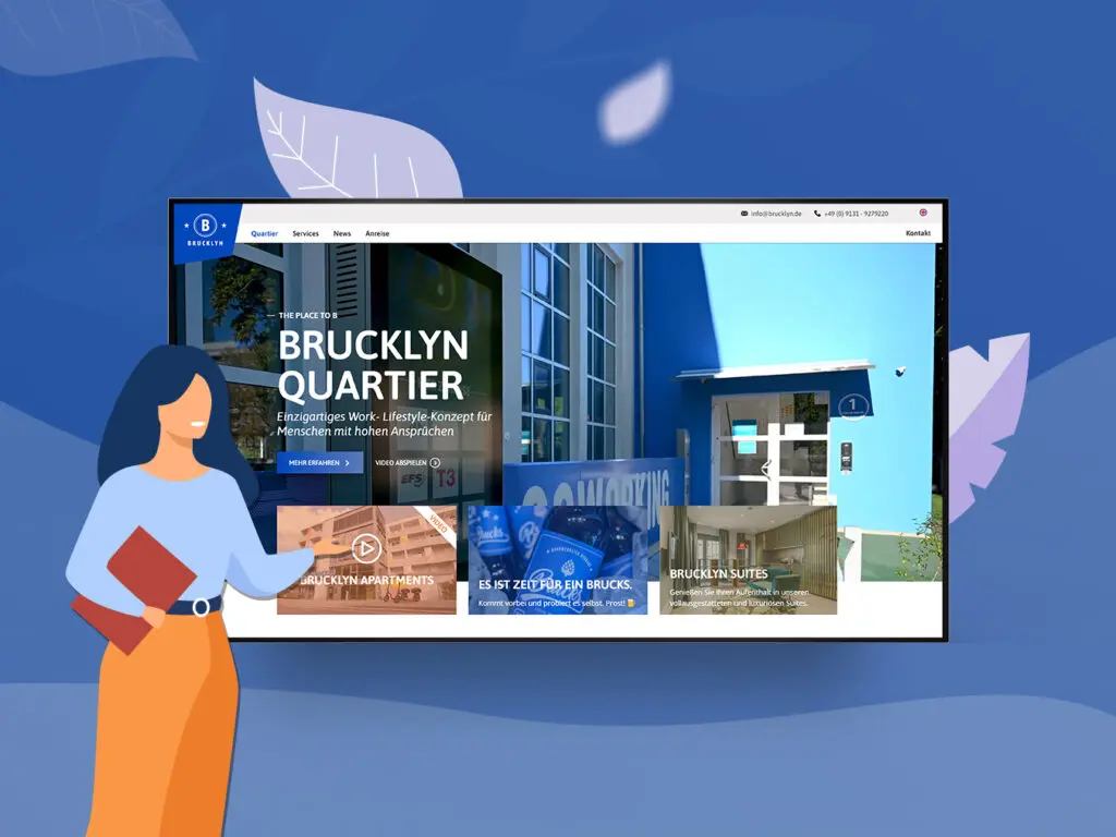 Screenshot der Brucklyn Quartier Website, die moderne Wohn- und Arbeitsräume mit hohen Standards für Bewohner zeigt.