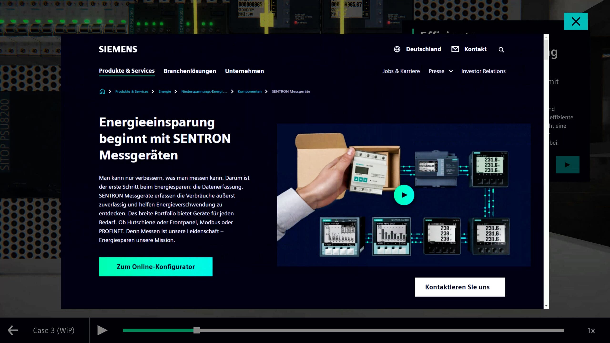 Siemens Industrial Edge und Digital Twin: Interaktives Popup mit Browserfenster. Erleben Sie innovative Technologien und Energieeinsparungen.